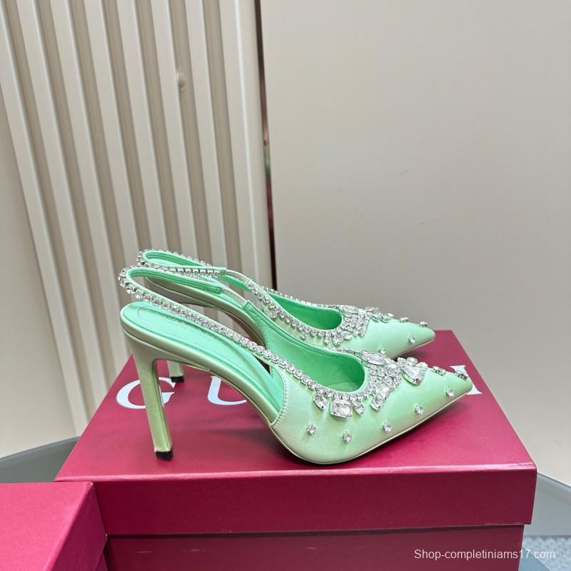 2025 Women Gucci Light Green Satin High Heel Slingback Rhinestone MJ00340