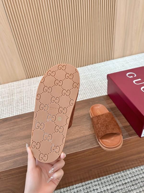 2025 Women Gucci Brown Suede Leather Slippers