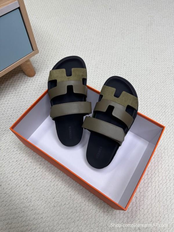 2025 Women Hermès Khaki Black Leather Slippers
