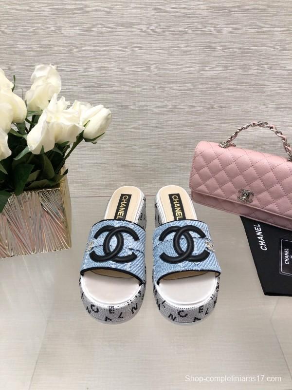 2025 Women Chanel Blue Denim Canvas Slippers LY00320