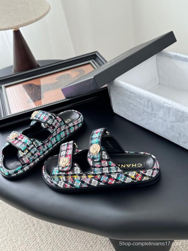 2025 Women Chanel Multi Color Fabric Leather Sandals LY00310