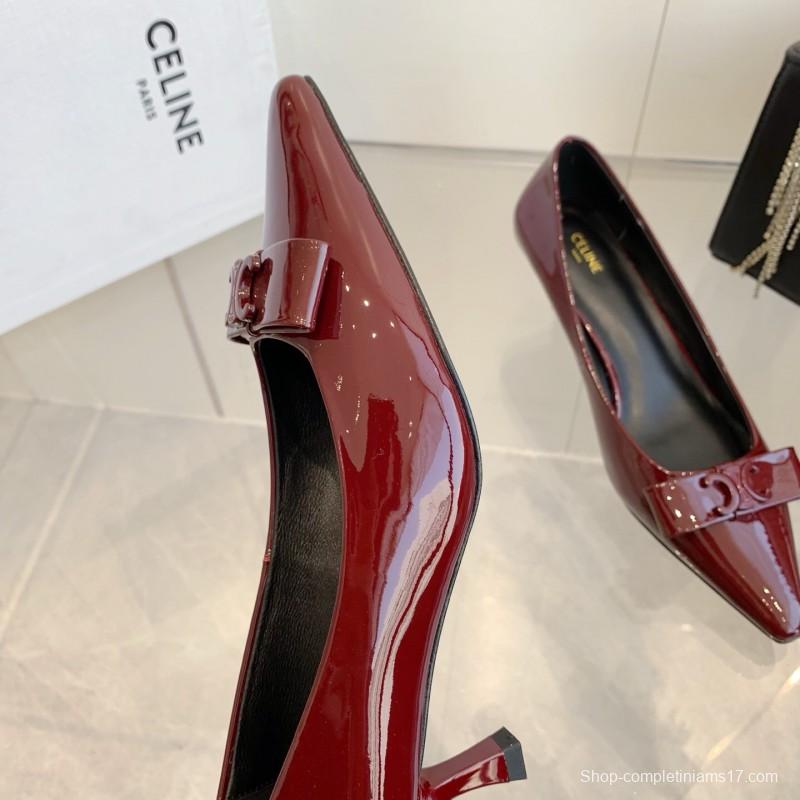 2025 Women Celine Burgundy Patent Leather Pointed Toe Pumps