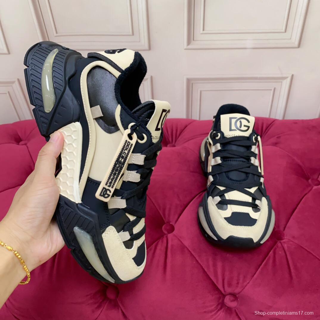 2025 Unisex Dolce & Gabbana Black Beige Leather Sneakers DG LY00340