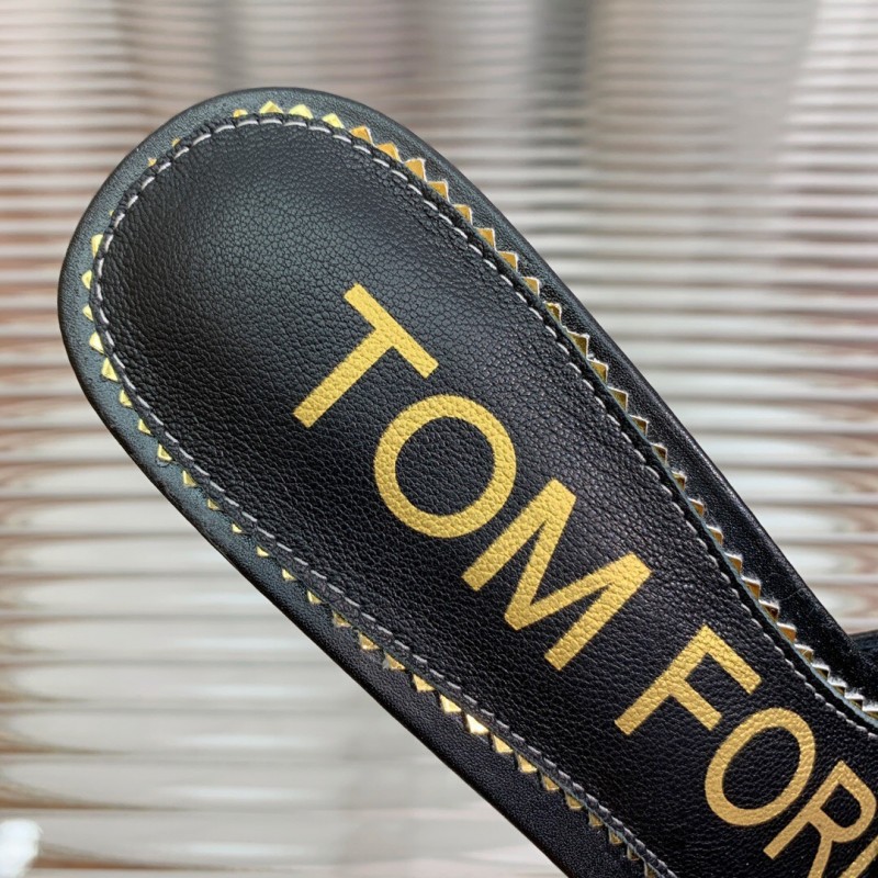 2025 Women TOM FORD Black Gold Leather Heeled Mules KFY00300