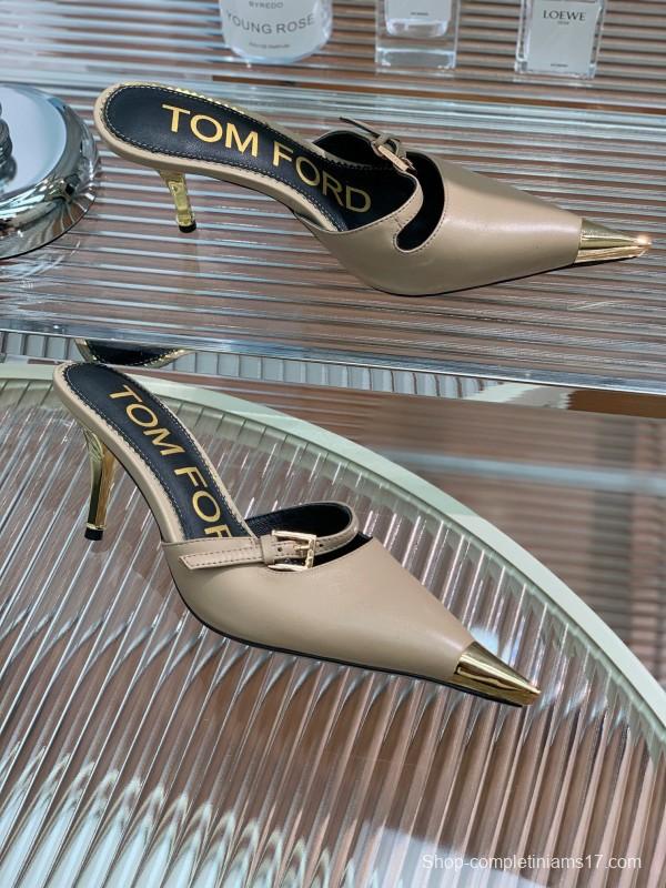 2025 Women TOM FORD Beige Gold Leather Pointed Toe Mules KFY00300