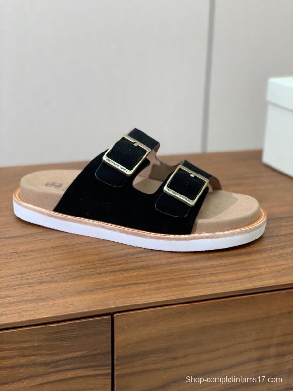 2025 Unisex Brunello Cucinelli Black Suede Leather Slippers KFY00250