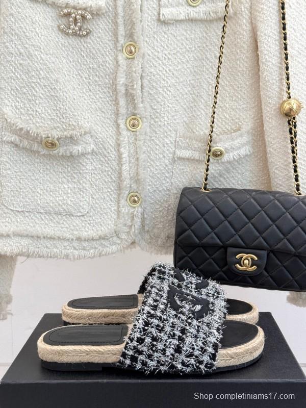 2025 Slippers Chanel Black White Tweed Espadrille Handcrafted KFY00230