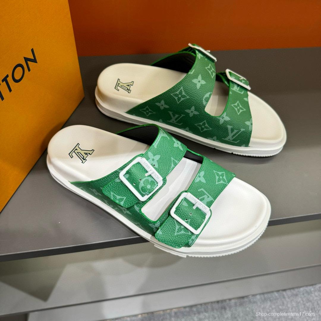 2024 Slippers Louis Vuitton Green Canvas Slippers