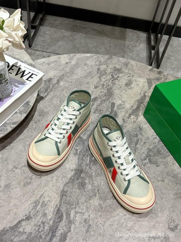 2025 Women Bottega Veneta Green White Red Canvas Leather High Top Sneakers