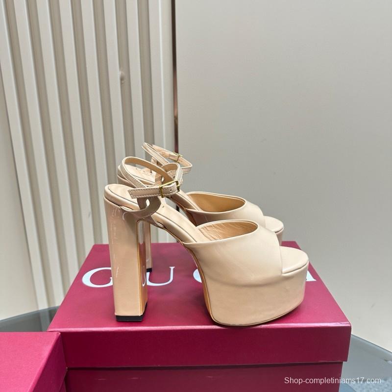 2025 Women Gucci Beige Patent Leather Platform Sandals MJ00340