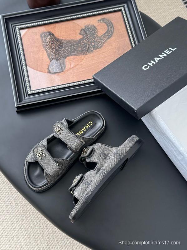 2025 Women Chanel Grey Fabric Leather Sandals Magic Tape LY00310