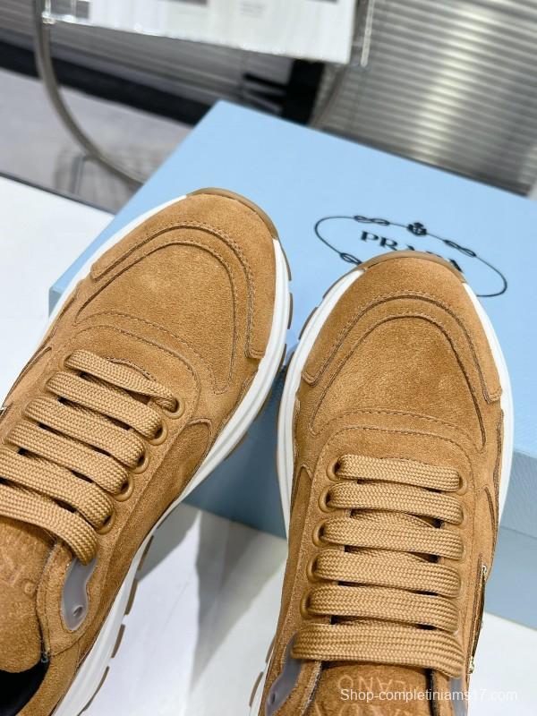 2025 Unisex Prada Brown Suede Leather Sneakers KFY00310