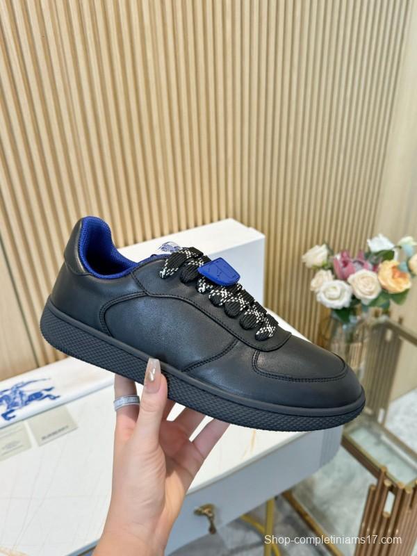2024 Men BURBERRY Black Blue Calf Leather Sneakers MJ00330