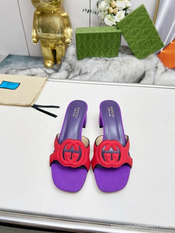 2025 Gucci Purple Red Leather Slippers MJ00190