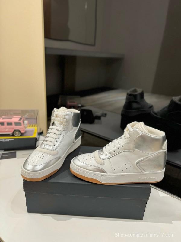 2024 Unisex Yves Saint Laurent White Silver Leather High Top Sneakers MJ00390