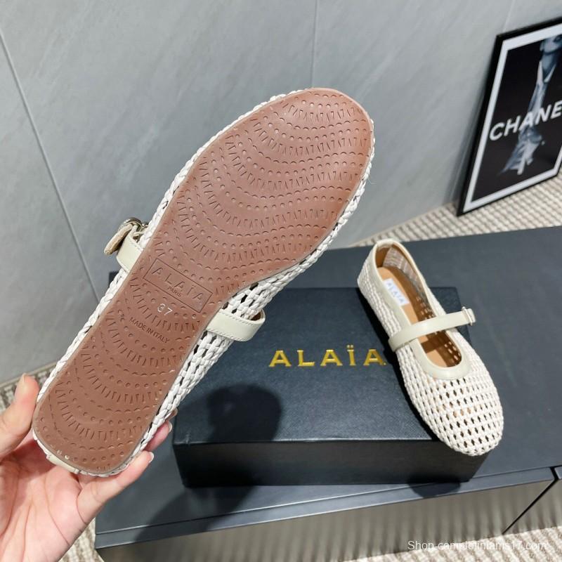 2025 Women Alaïa White Leather Woven Mary Jane Flat Shoes LY00360(F)