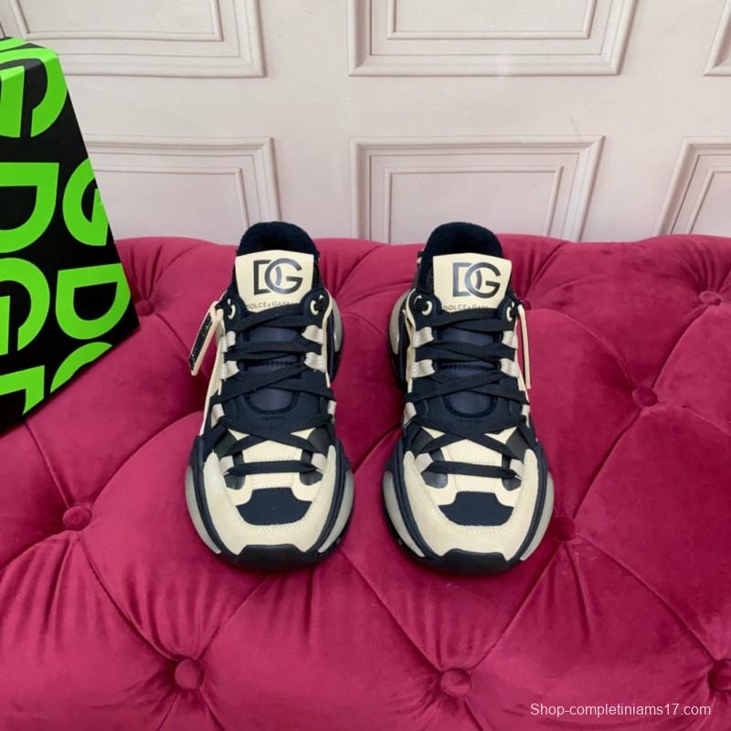 2024 Unisex Dolce & Gabbana Black Beige Wool Leather Sneakers MJ00340