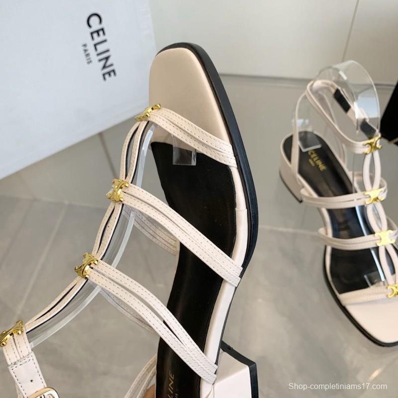 2025 Women CELINE White Leather Sandals Metal Detail KFY00300