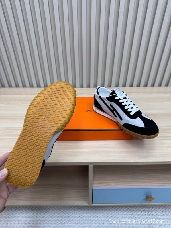 2025 Unisex Hermès Black White Suede Down Fabric Sneakers Top Version KFY00300