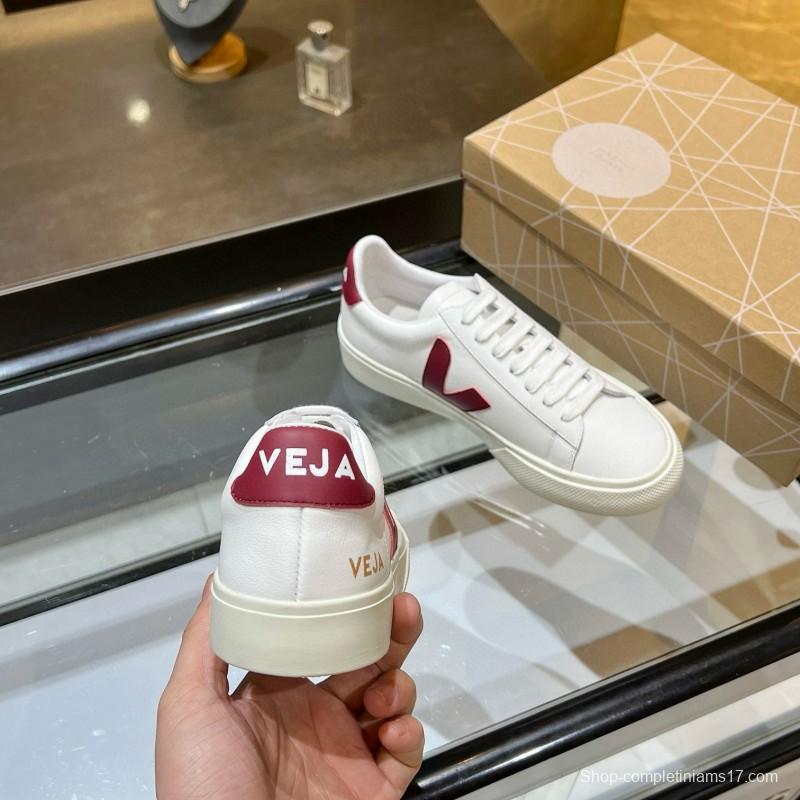 2025 Unisex VEJA White Burgundy Leather Canvas Sneakers MJ00240
