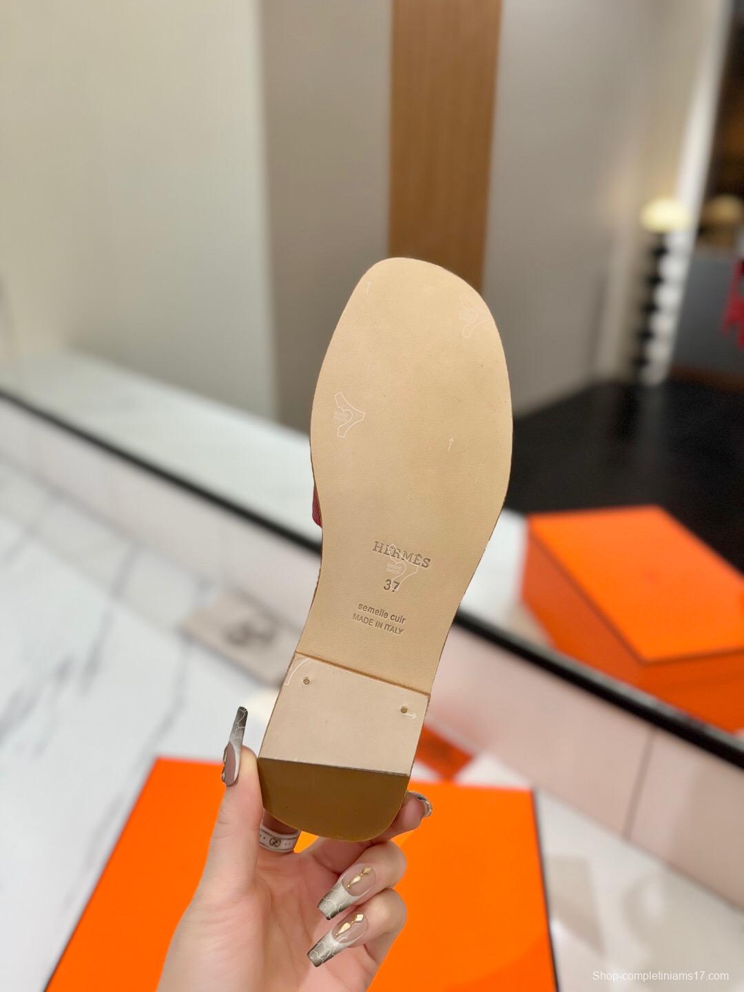 2025 Women Hermès Red Leather Slippers