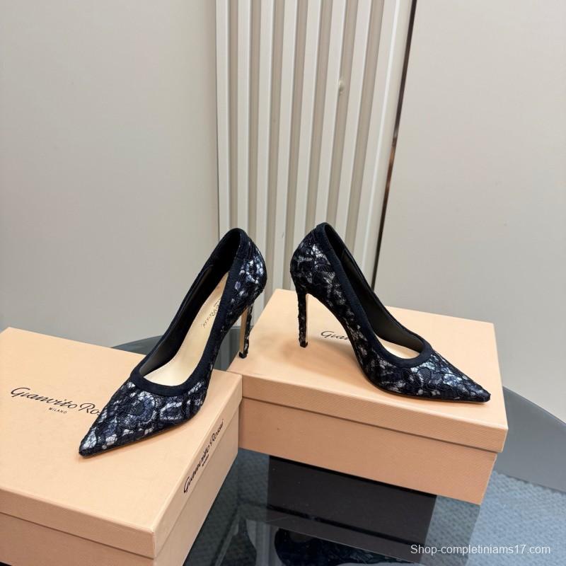 2025 Women Gianvito Rossi Black Lace Leather High Heel KFY00280