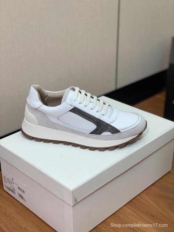 2025 Unisex Brunello Cucinelli White Grey Leather Suede Sneakers LY
