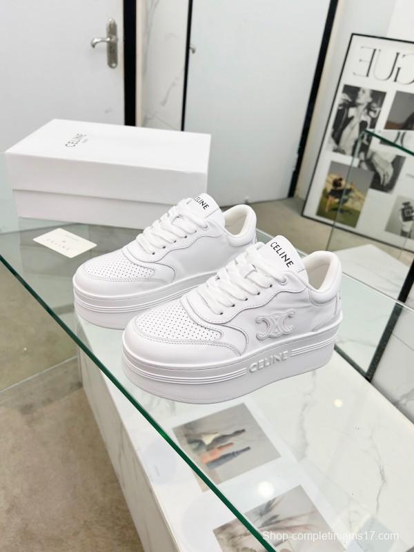 2025 Women Celine White Leather Platform Sneakers Embossed KFY00270