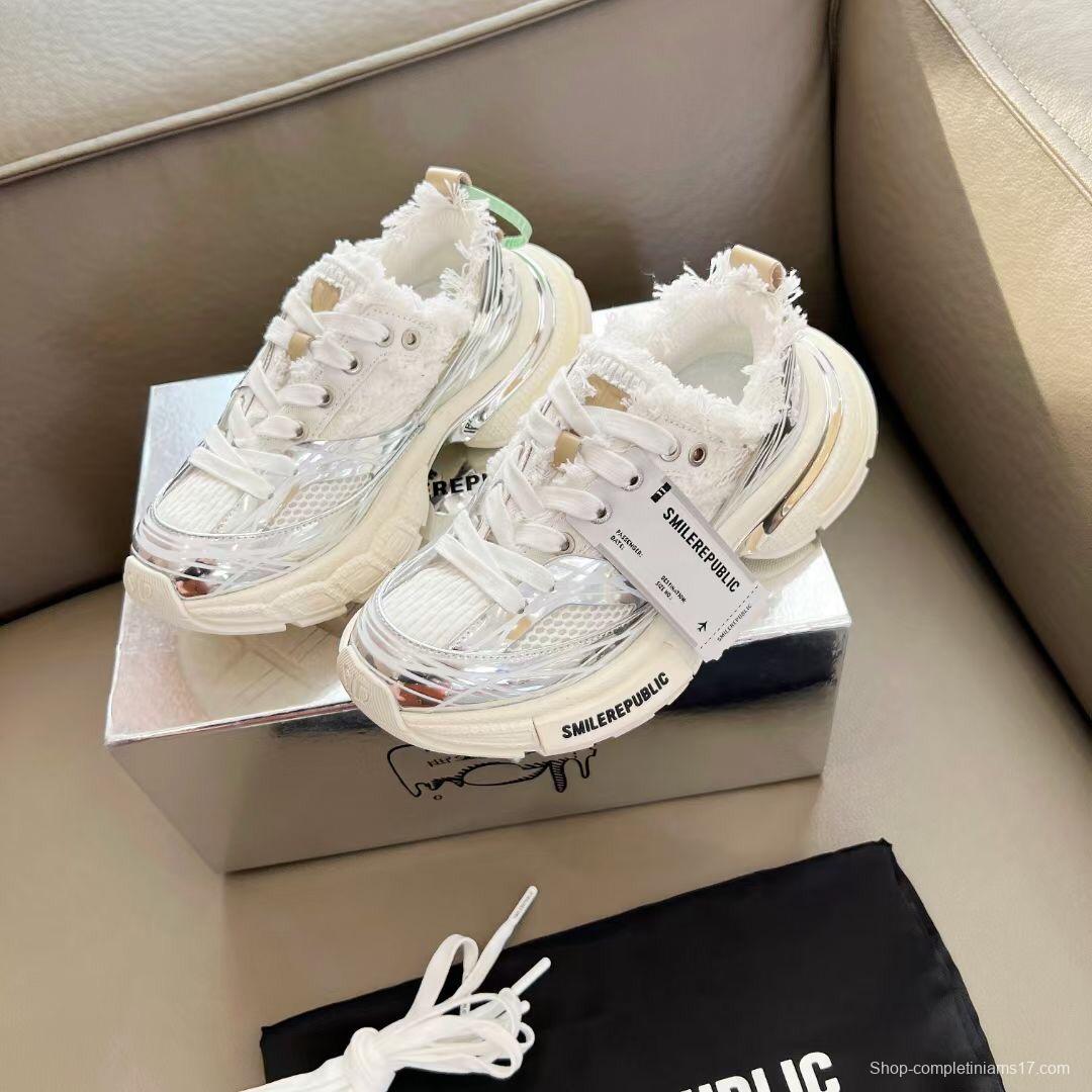 2025 Unisex Smilerepublic White Silver Mesh Leather Fur Sneakers