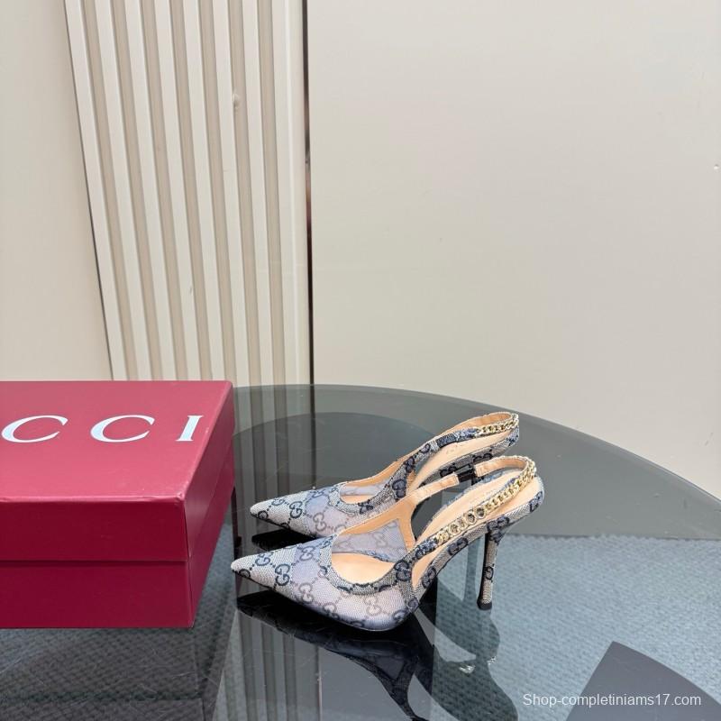 2025 Women Gucci White Mesh Slingback Heels With Crystal Chain Detailing KFY00300(F)