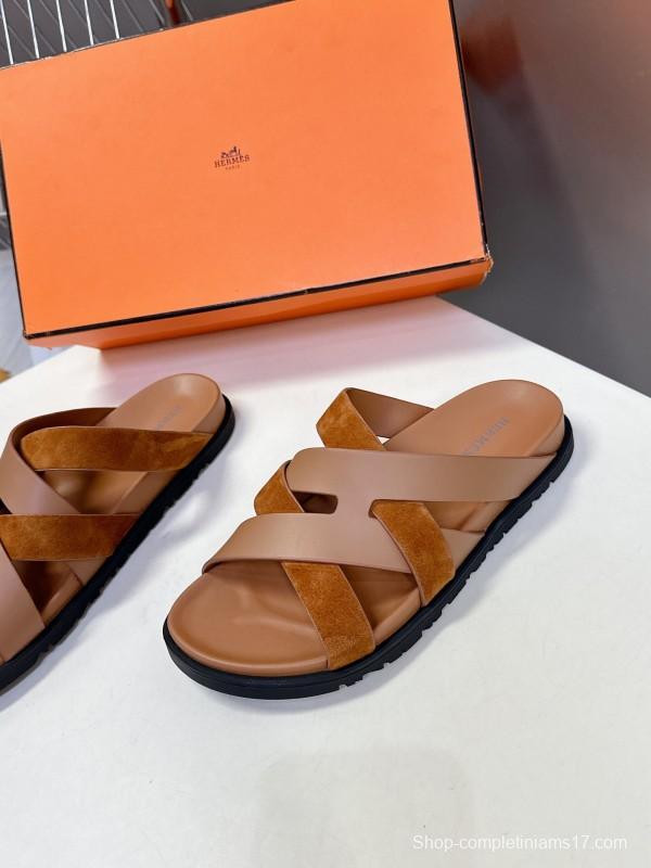 2025 Slippers Hermès Brown Suede Leather Slippers