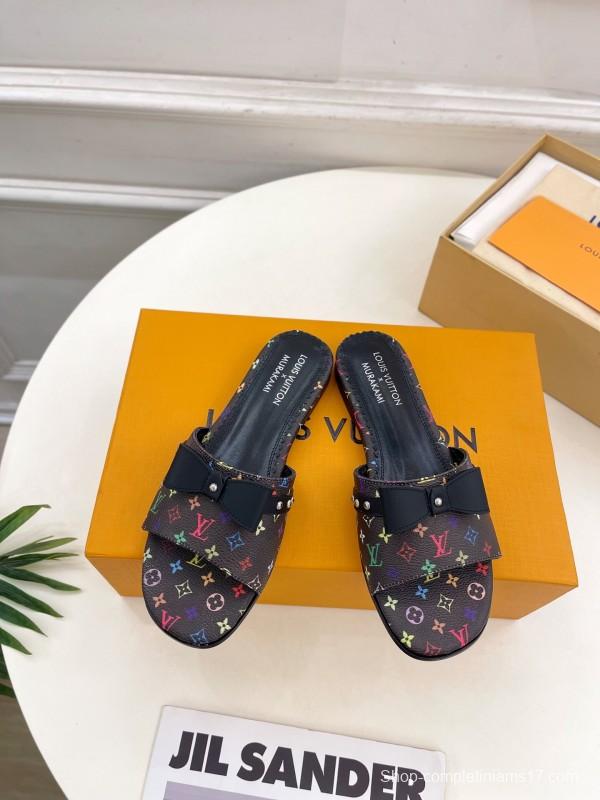 2025 Slippers Louis Vuitton Black Multicolor Monogram Leather Bow KFY00290
