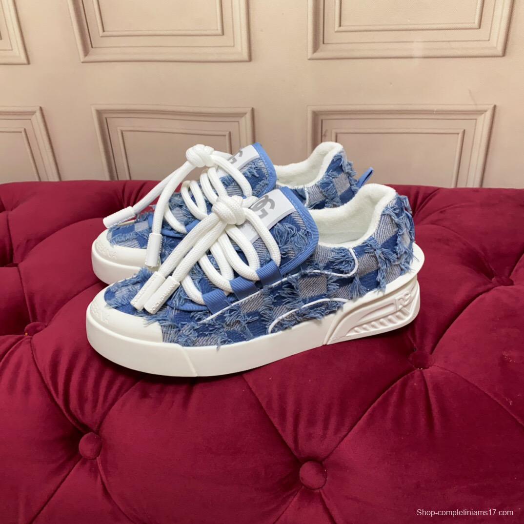 2025 Women Dolce & Gabbana Blue Denim Leather Sneakers
