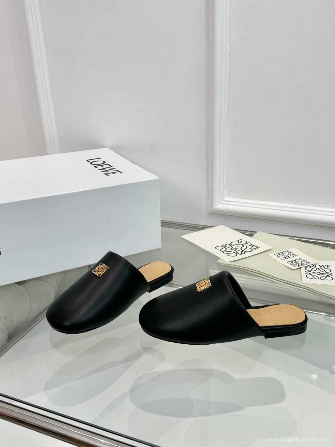 2025 Women Loewe Black Leather Slippers LY00270