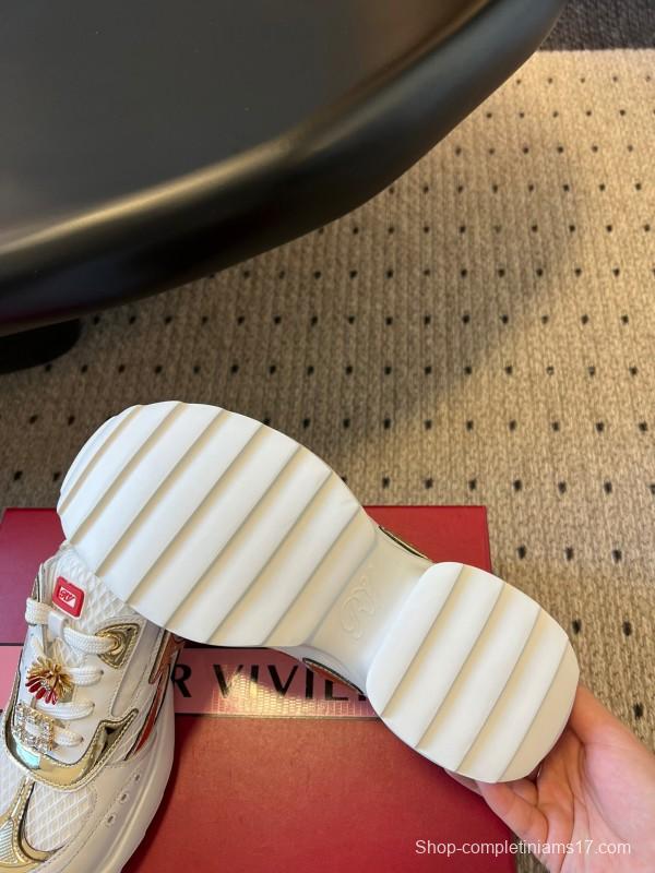 2025 Women Roger Vivier White Gold Leather Mesh Sneakers KFY00380