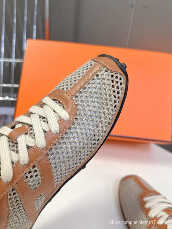 2025 Women Hermès Beige Brown Leather Mesh Sneakers KFY00250