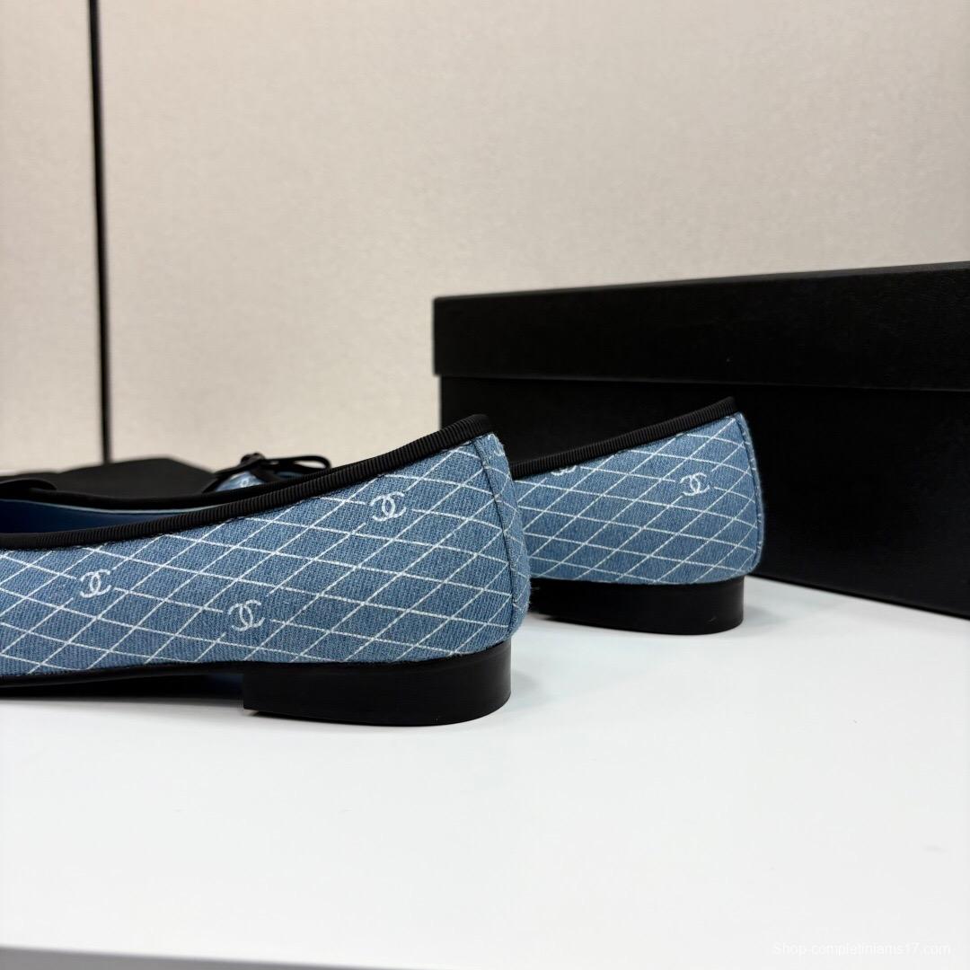 2025 Women Chanel Blue Black Fabric Leather Ballet Flats