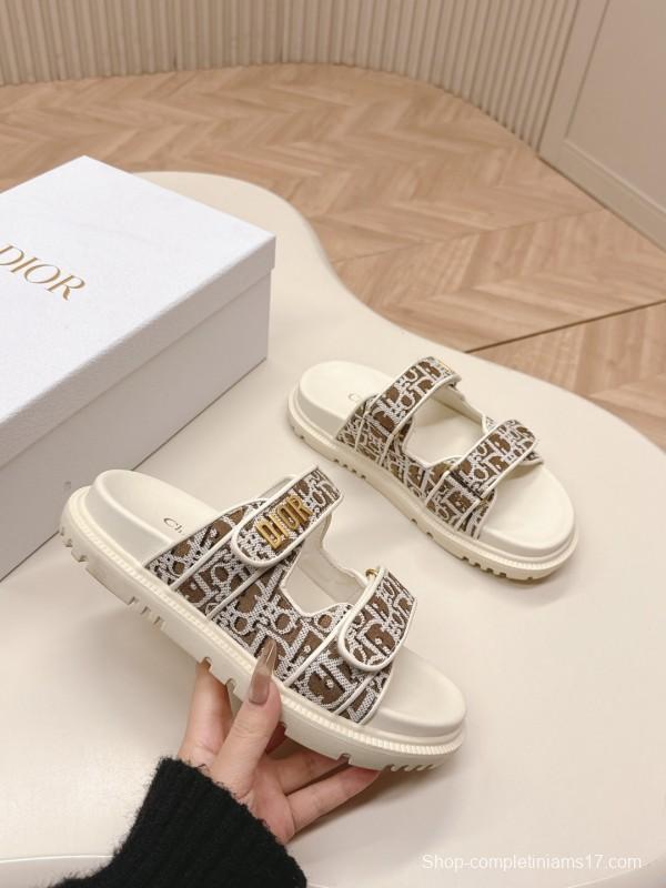 2025 Women Dior Brown Beige Canvas Leather Sandals LY