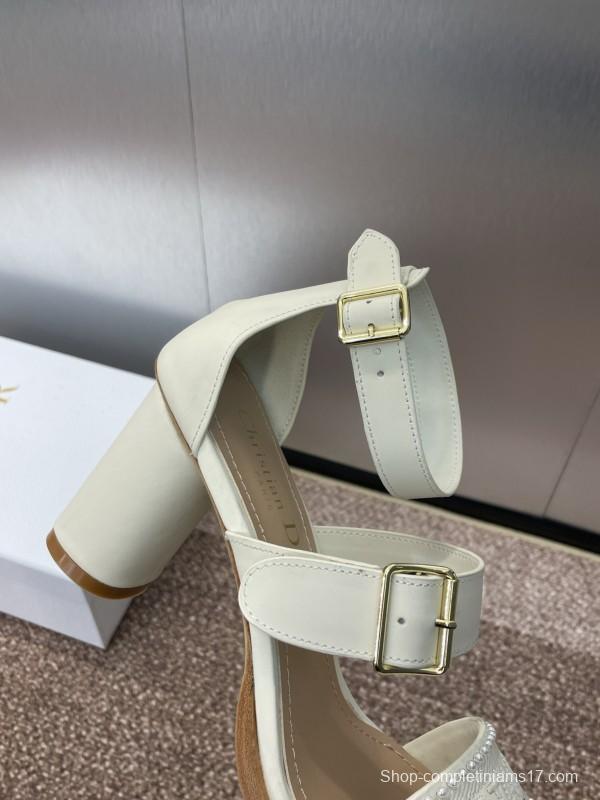 2025 Women Dior White Calfskin Silk Embroidery Sandals KFY00320