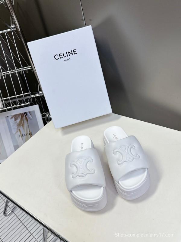 2025 Women Celine White Leather Slippers LY00240