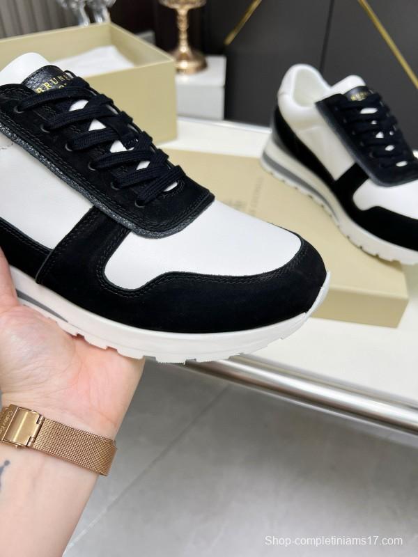 2024 Unisex Brunello Cucinelli Black White Suede Calfskin Leather Sneakers MJ00360