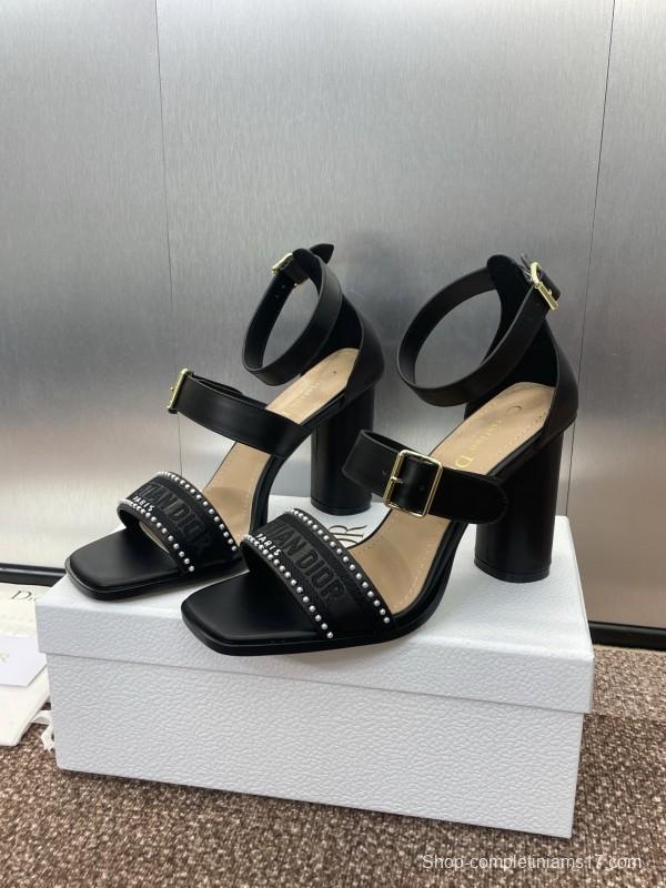 2025 Women Dior Black Leather High Heel Sandals Studded KFY00320