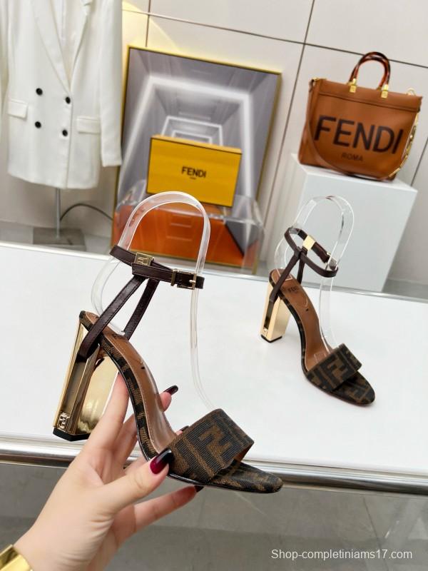2025 Women Fendi Brown Leather Suede High Heel Sandals