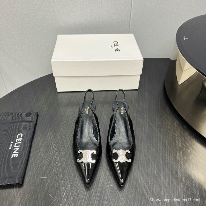2025 Women Celine Black Patent Leather Slingback Heels KFY00290
