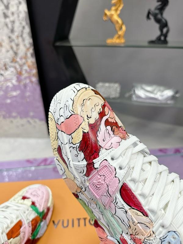 2024 Unisex Louis Vuitton White Pink Red Leather Canvas Sneakers Collaboration MJ00780