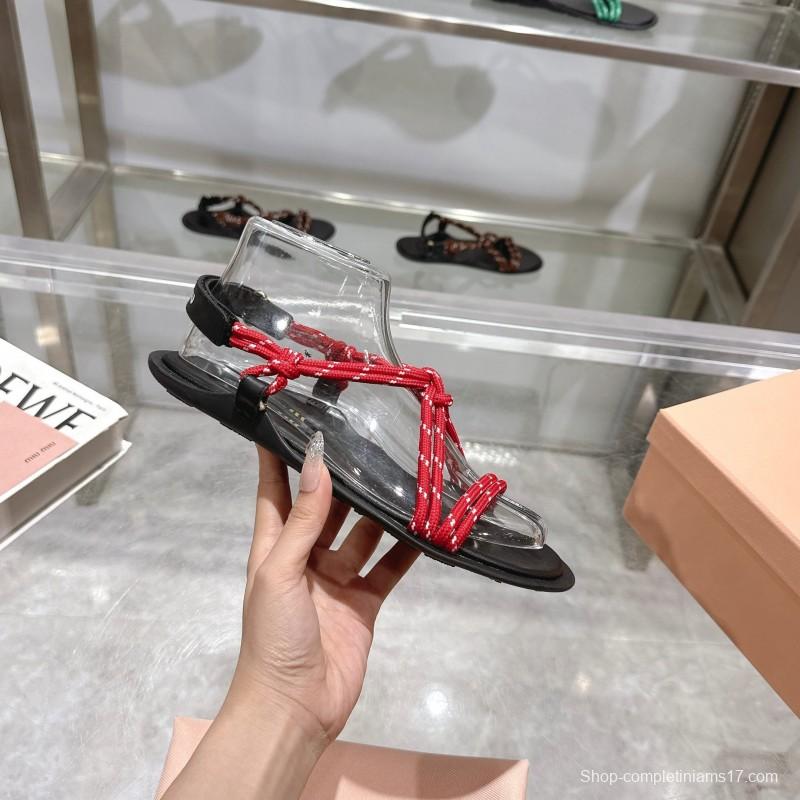 2025 Women Miu Miu Red Black Leather Rope Sandals KFY00200