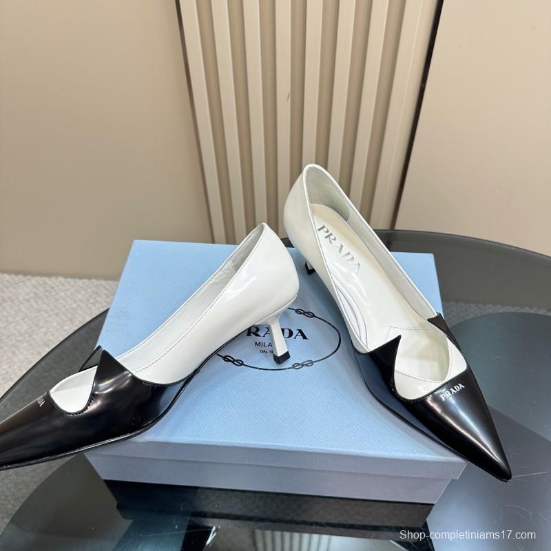 2025 Women Prada Black White Leather Heels KFY00310