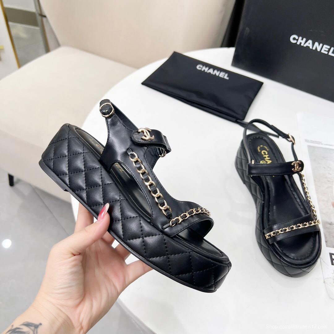 2025 Women Chanel Black Leather Sandals Chain LY00260