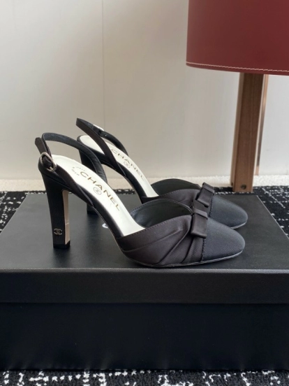 2025 Women Chanel Black Satin Leather High Heels Bow Slingback KFY00289