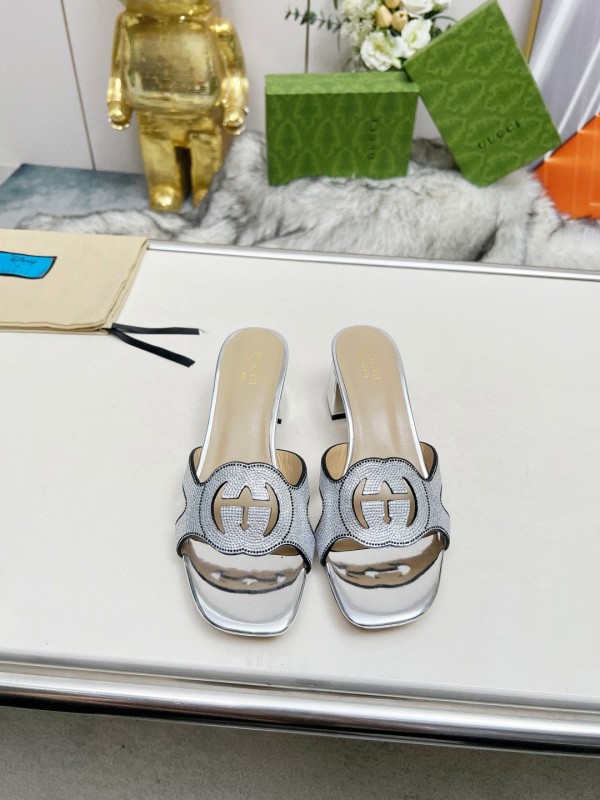 2025 Women Gucci Silver Leather Slippers MJ00190